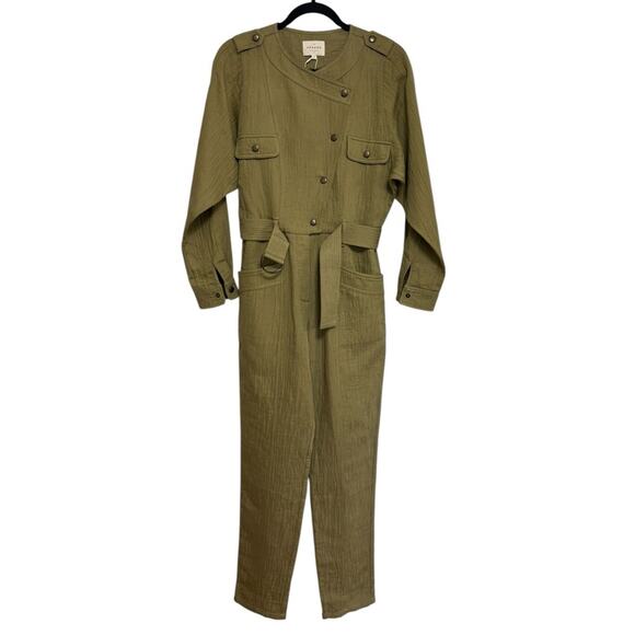 NWT Sezane Quilted Linen Cotton Hailey Jumpsuit in Olive Khaki - Size 34 (US 2) - Picture 3 of 10